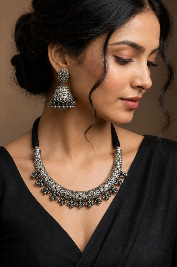 Silver Replica Floral Hasli Hasli Choker Necklace & Matching Jhumka Earrings Set