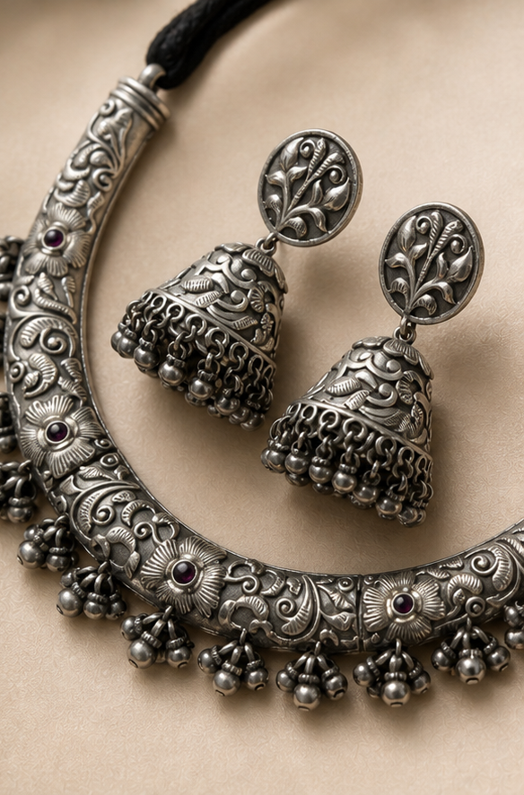 Silver Replica Floral Hasli Hasli Choker Necklace & Matching Jhumka Earrings Set