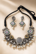Silver Replica Floral Hand-Painted Enamel & Pearl Statement Choker Necklace Set