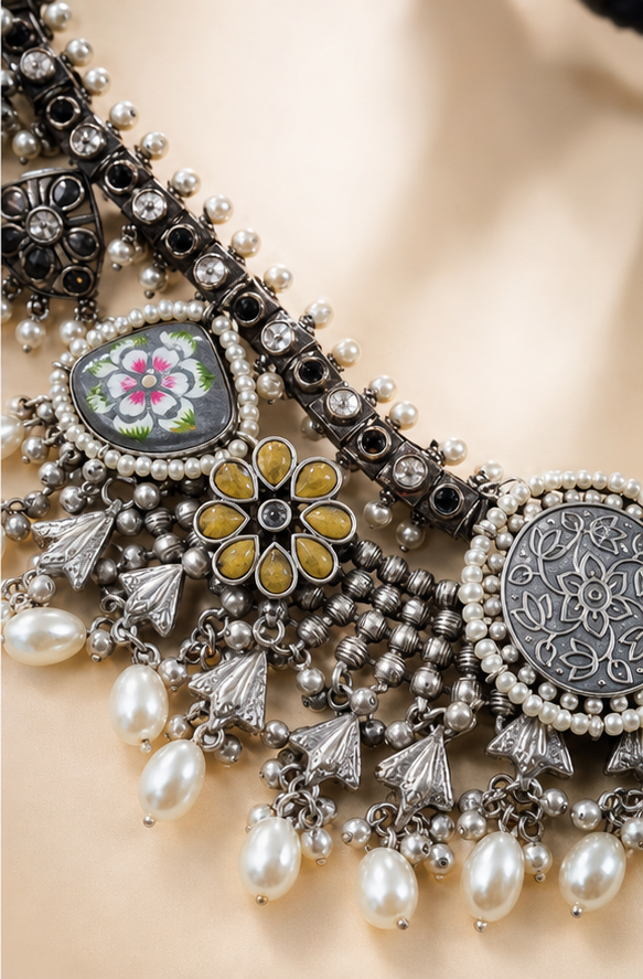 Silver Replica Floral Hand-Painted Enamel & Pearl Statement Choker Necklace Set