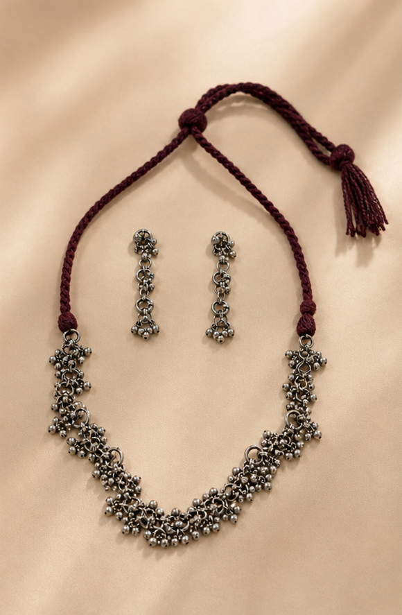 Silver Replica Cascading Ghungroo Cluster Necklace & Matching Drop Earrings Set