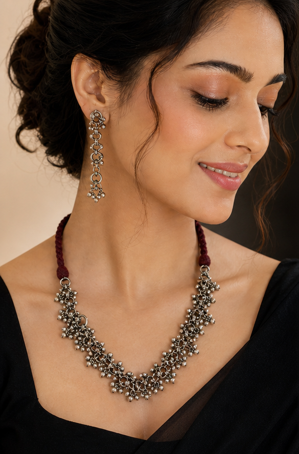 Silver Replica Cascading Ghungroo Cluster Necklace & Matching Drop Earrings Set