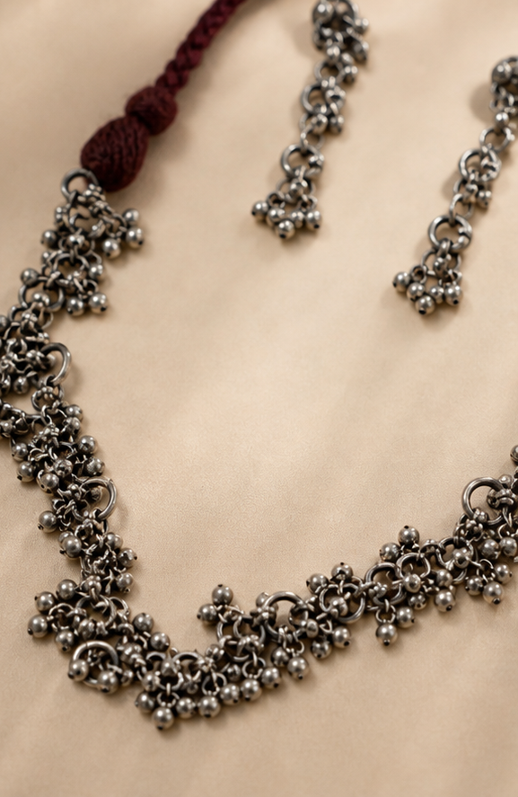 Silver Replica Cascading Ghungroo Cluster Necklace & Matching Drop Earrings Set