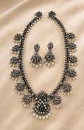 Silver Replica Polki Kundan Long Necklace & Drop Earrings Set with Pearl Fringe