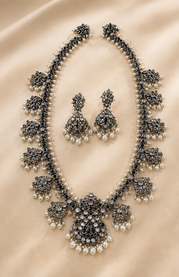 Silver Replica Polki Kundan Long Necklace & Drop Earrings Set with Pearl Fringe