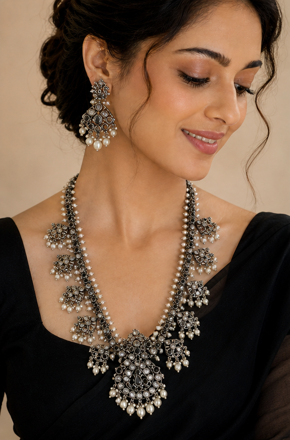 Silver Replica Polki Kundan Long Necklace & Drop Earrings Set with Pearl Fringe
