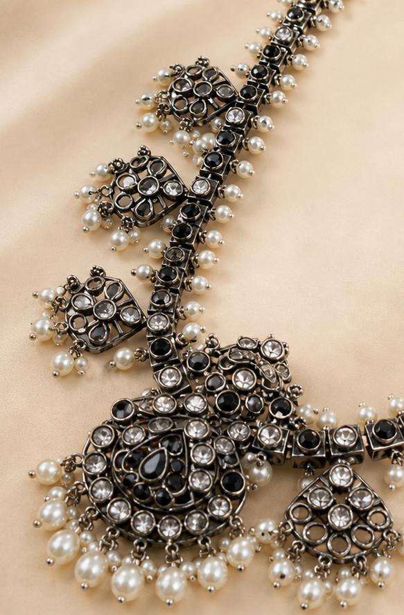 Silver Replica Polki Kundan Long Necklace & Drop Earrings Set with Pearl Fringe