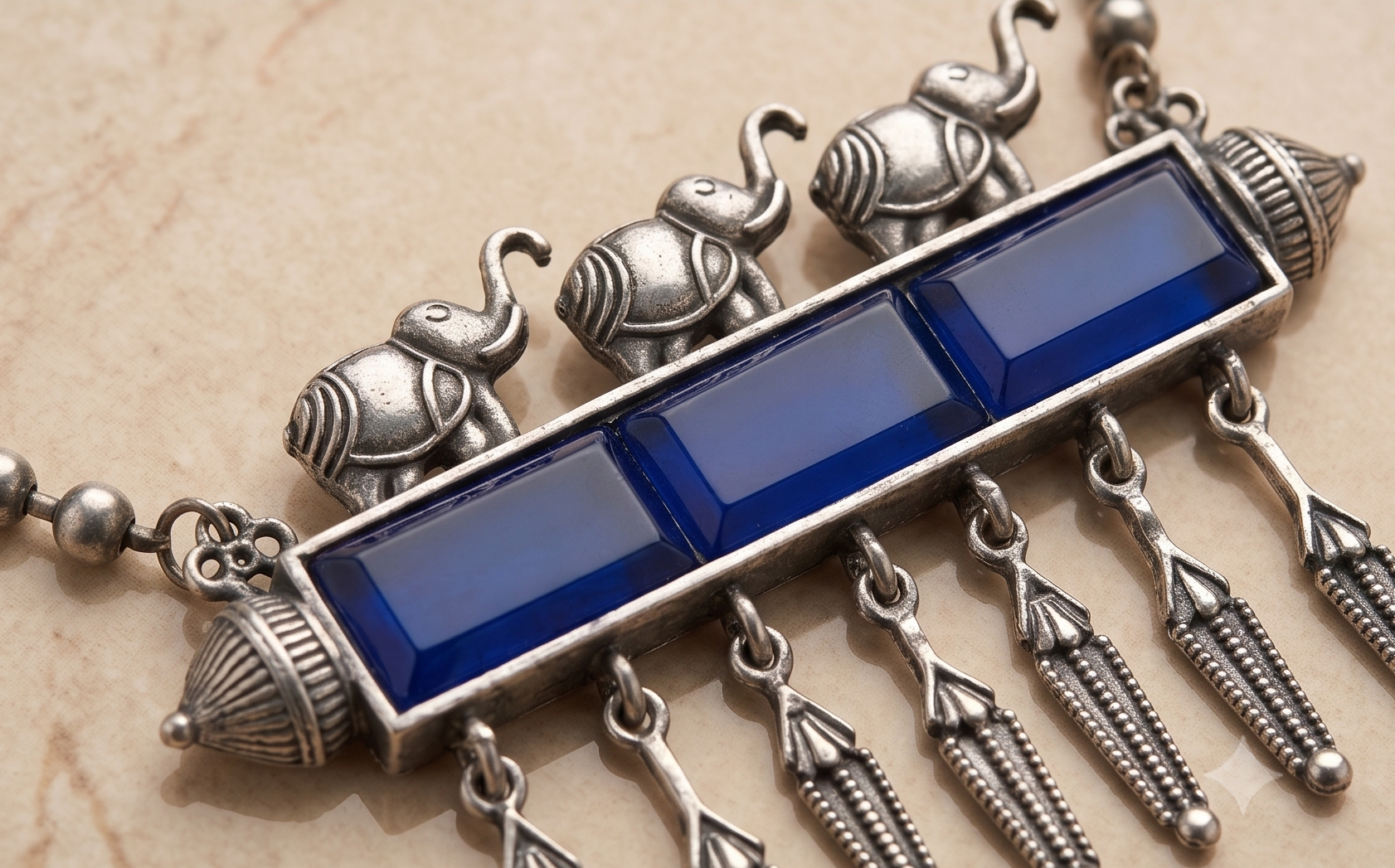 Silver Replica Elephant Motif Royal Blue Glass & Fringe Necklace Set