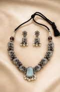 Silver Replica Elephant Motif Necklace with Sea-Green Stone & Matching Jhumkas Set