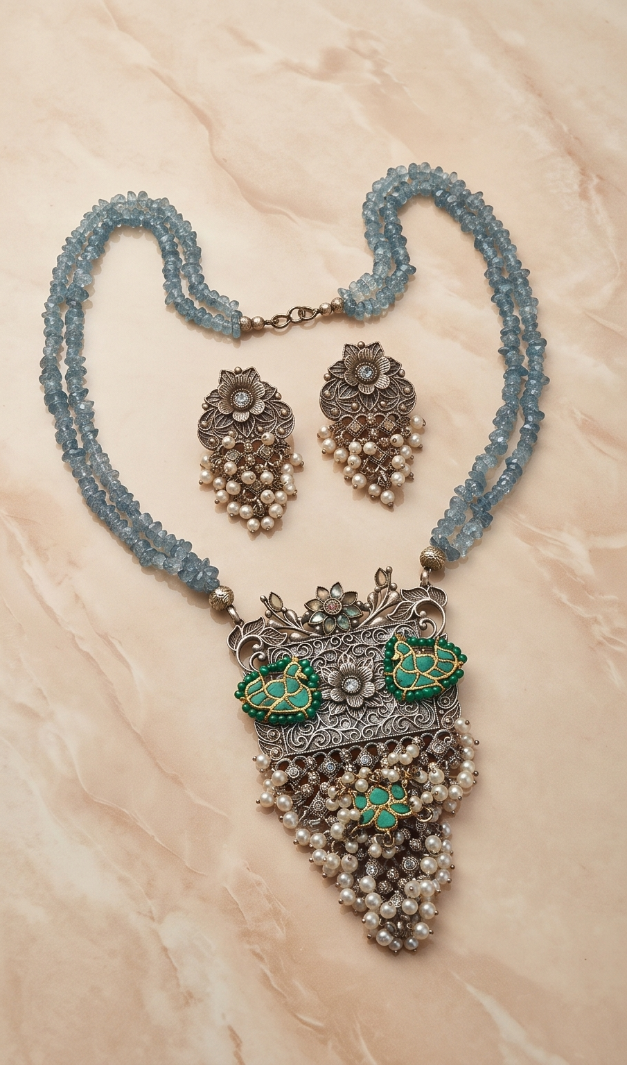 Lotus and Swan Meenakari Cultured Pearl & Gemstone Statement Silver Replica Necklace Set
