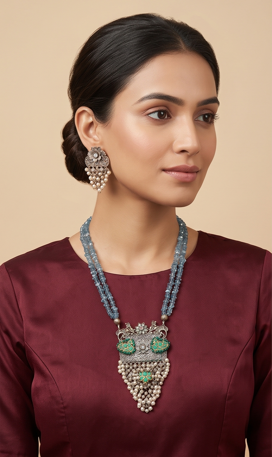 Lotus and Swan Meenakari Cultured Pearl & Gemstone Statement Silver Replica Necklace Set