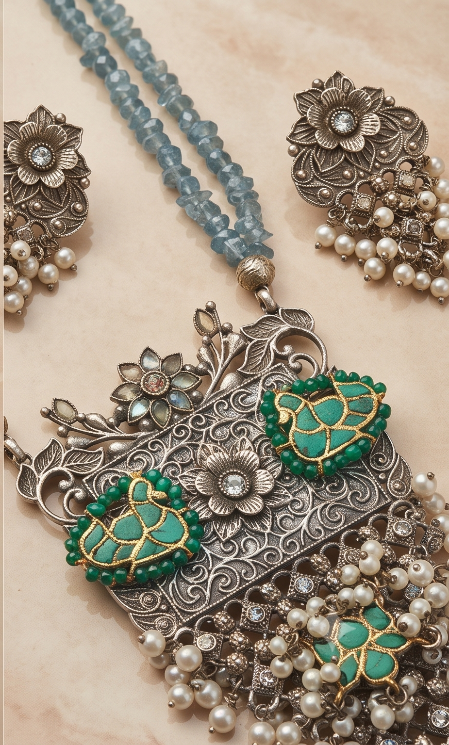 Lotus and Swan Meenakari Cultured Pearl & Gemstone Statement Silver Replica Necklace Set
