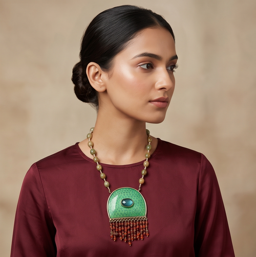 Artisanal Enameled Statement Pendant Necklace with Natural Stone Beading