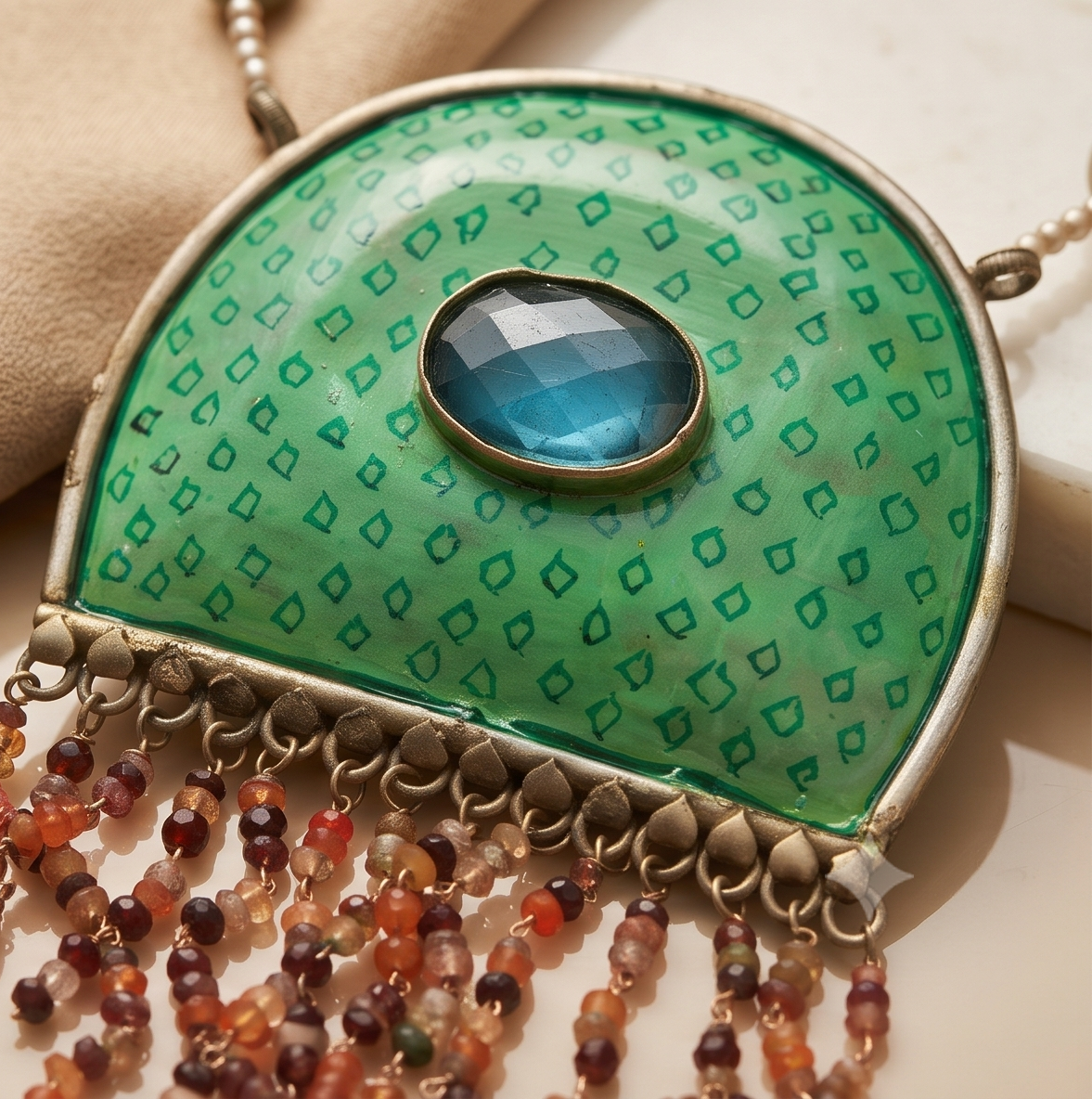 Artisanal Enameled Statement Pendant Necklace with Natural Stone Beading