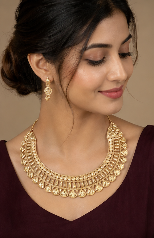 24K Gold Plated Copper Based Broad Collar Necklace & Drop Earring Set