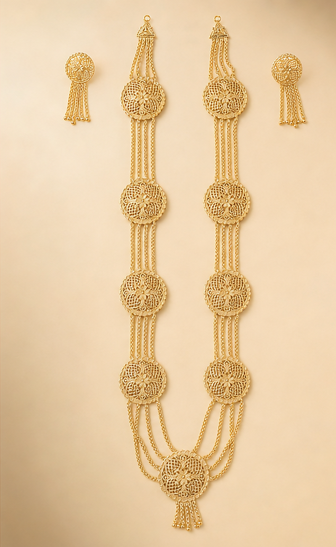 24K Gold Plated Copper Based Filigree Medallion Multi-Strand Haram & Earring Set