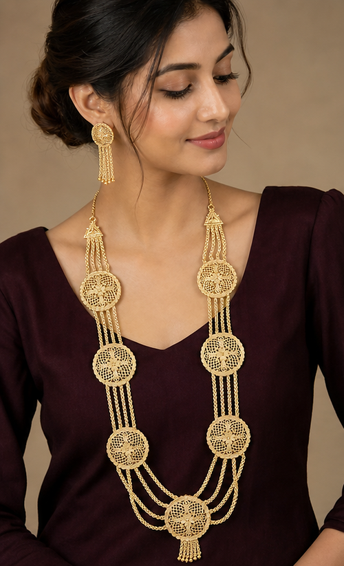24K Gold Plated Copper Based Filigree Medallion Multi-Strand Haram & Earring Set