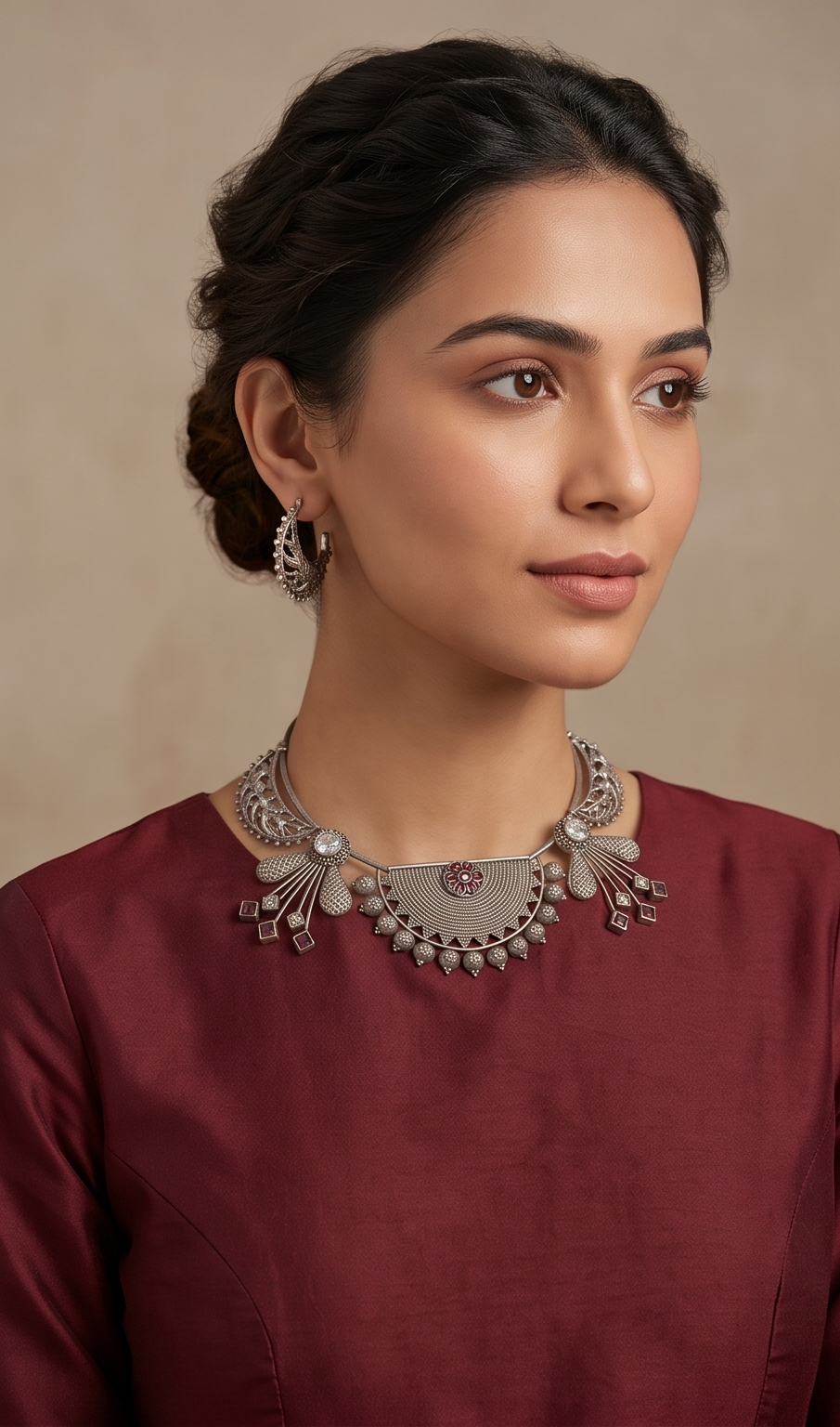 Silver Replica Crescent & Ruby-Accent Hasli Necklace Set