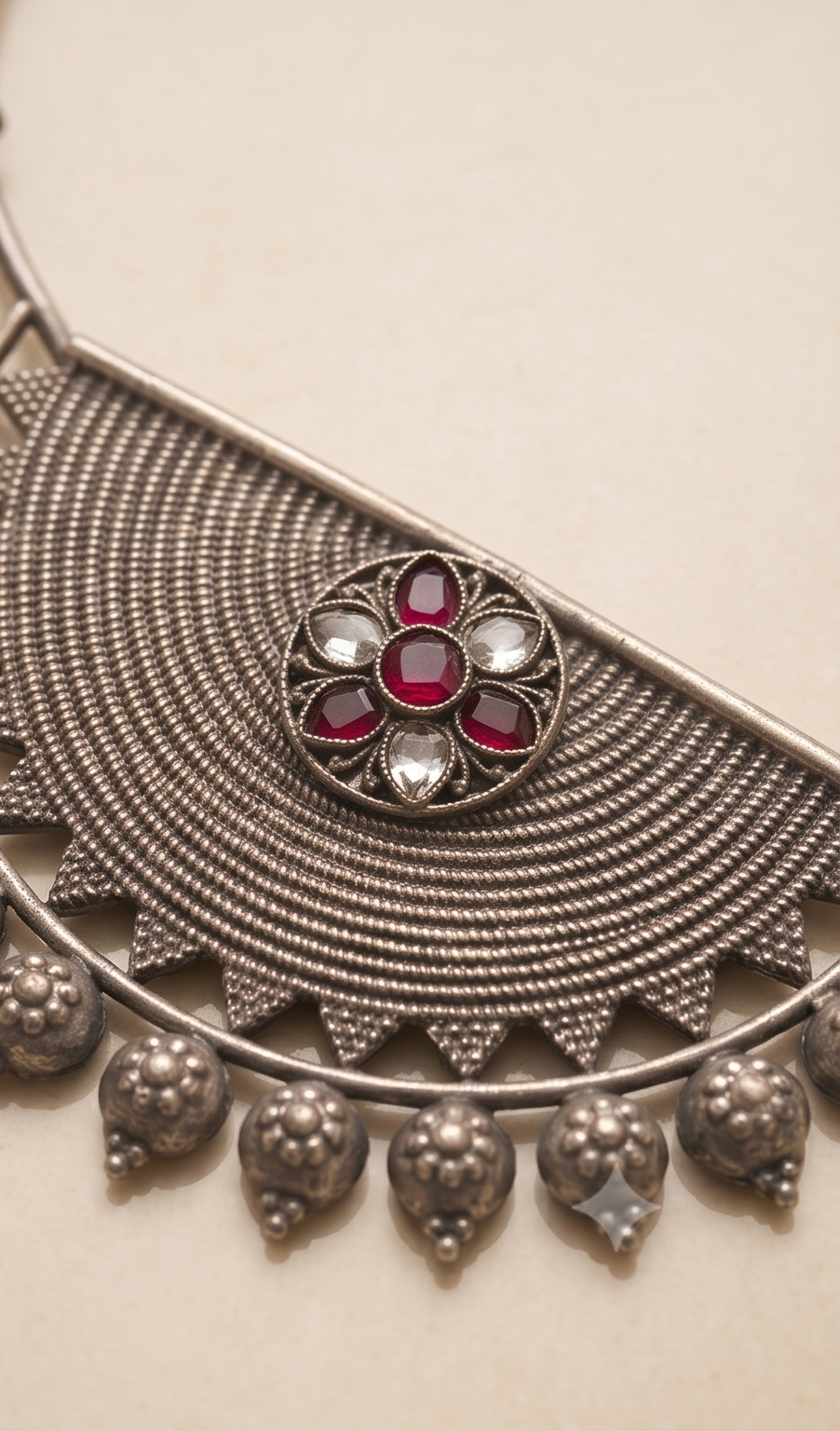Silver Replica Crescent & Ruby-Accent Hasli Necklace Set