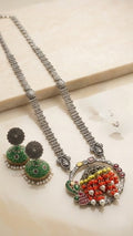 Silver Replica Long Chain & Enamel Jhumka Necklace Set