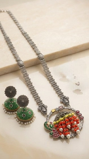 Silver Replica Long Chain & Enamel Jhumka Necklace Set