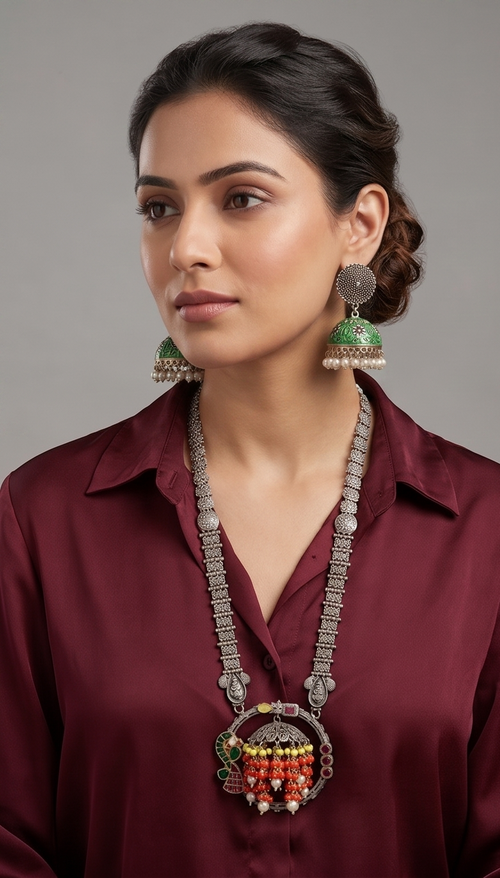 Basanta | Silver Replica Long Chain & Enamel Jhumka Necklace Set