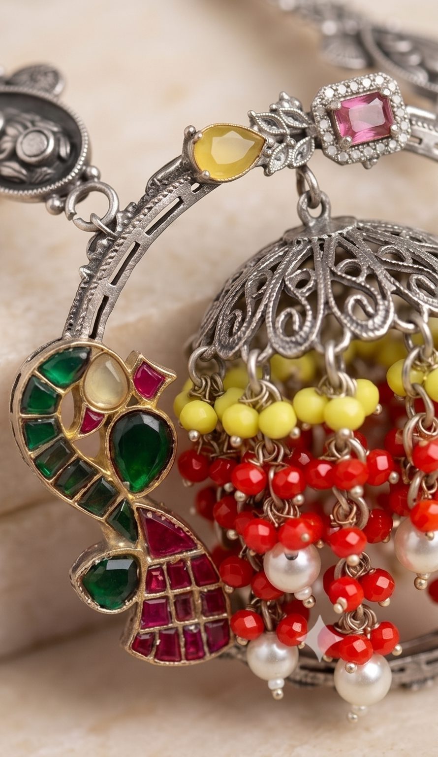 Silver Replica Long Chain & Enamel Jhumka Necklace Set