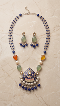 Mrinalini | Meenakari Floral Pendant & Multi-Strand Gemstone Necklace Set
