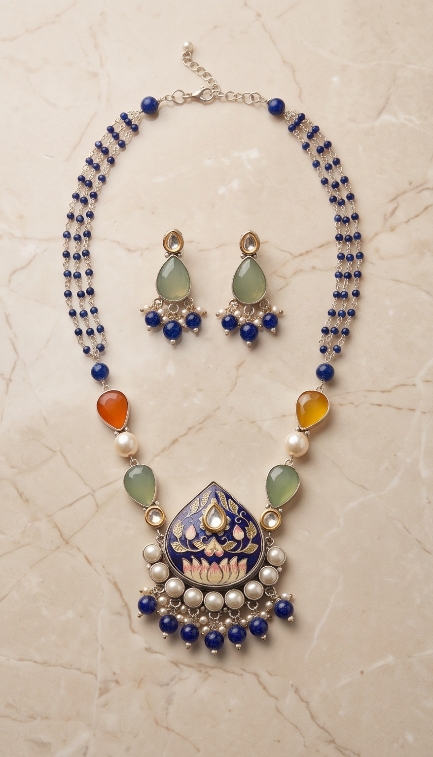 Mrinalini | Meenakari Floral Pendant & Multi-Strand Gemstone Necklace Set