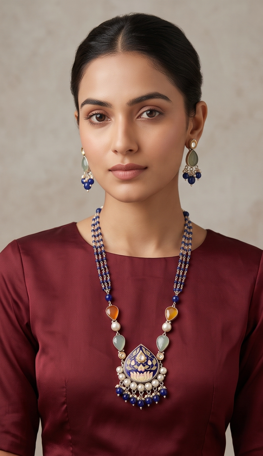 Mrinalini | Meenakari Floral Pendant & Multi-Strand Gemstone Necklace Set