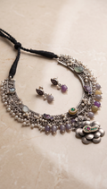 Phulbela | Silver Replica Floral Statement Necklace Set with Pearls & Pastel Stones