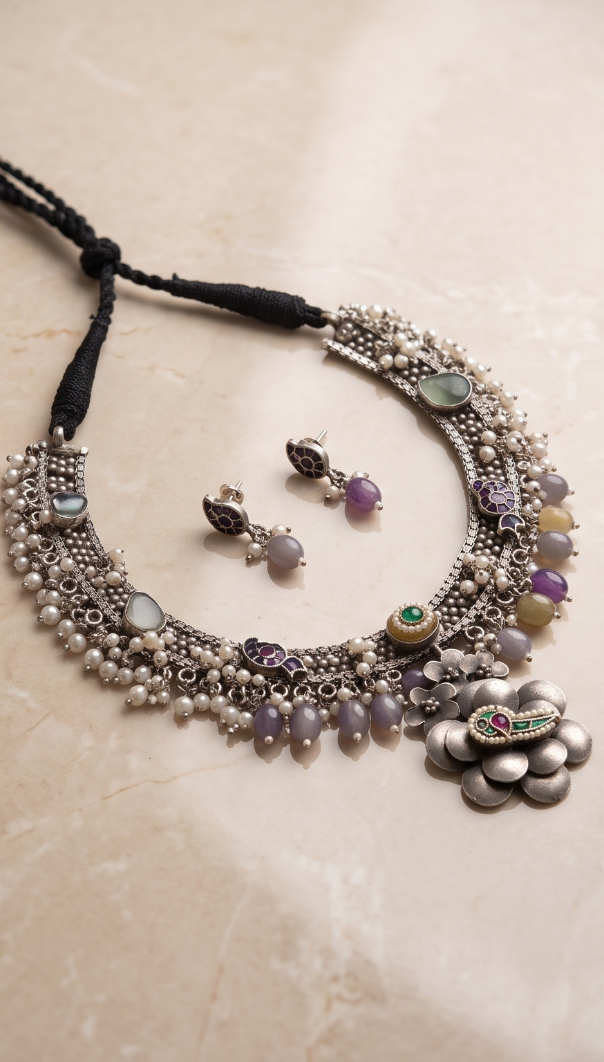 Phulbela | Silver Replica Floral Statement Necklace Set with Pearls & Pastel Stones