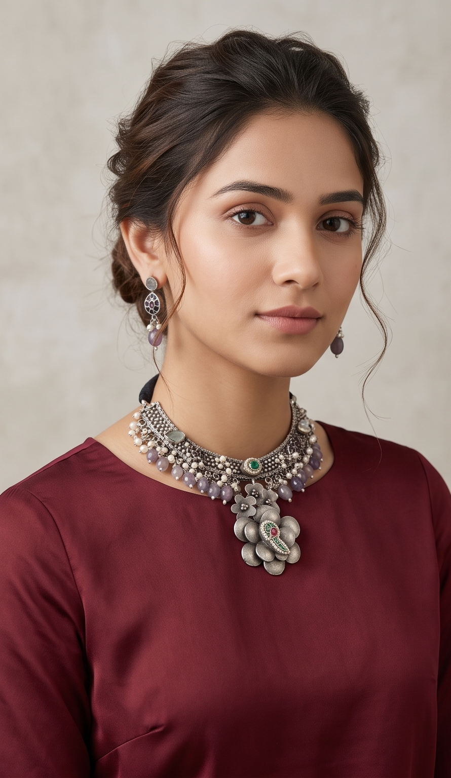 Phulbela | Silver Replica Floral Statement Necklace Set with Pearls & Pastel Stones