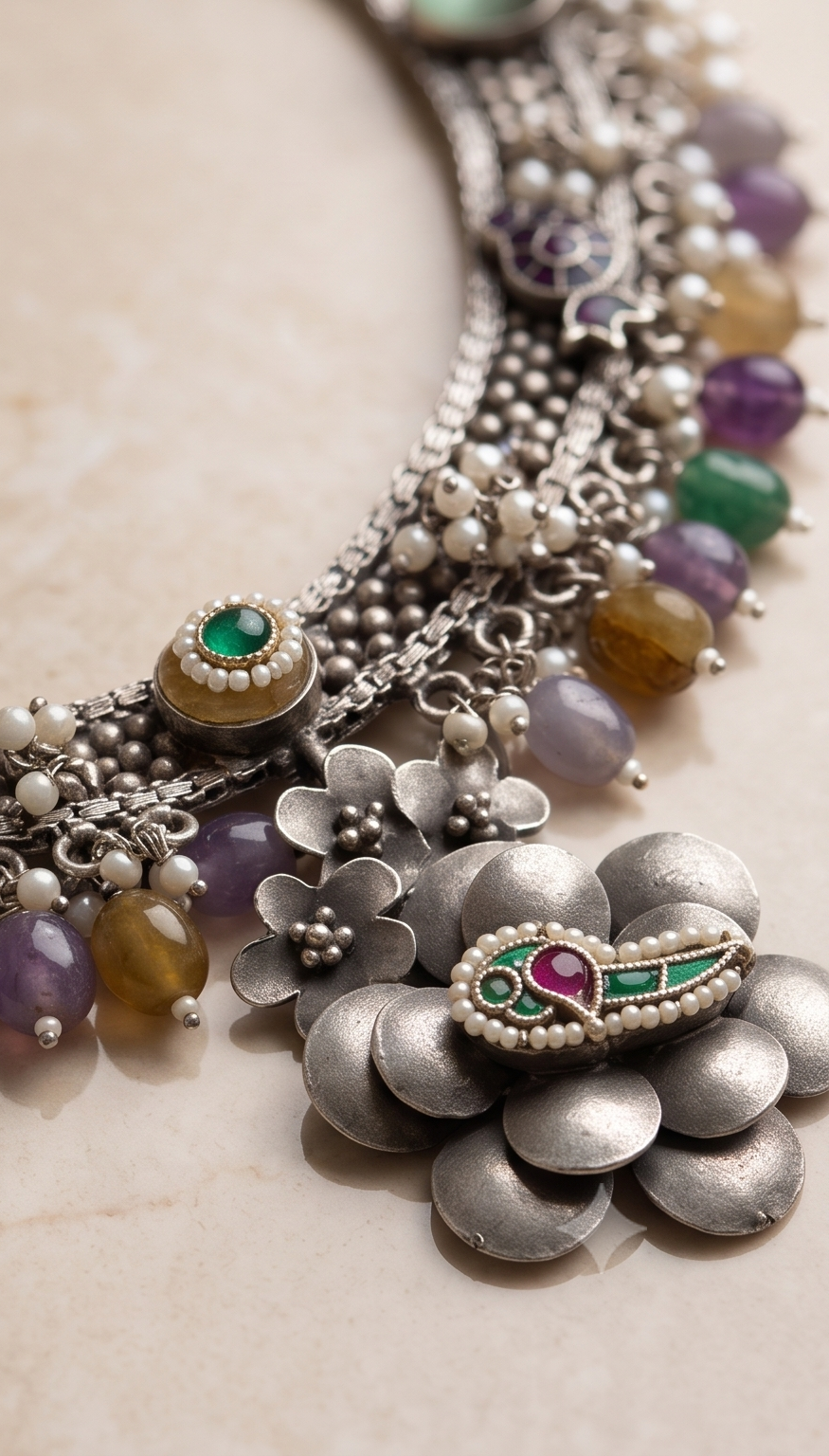 Phulbela | Silver Replica Floral Statement Necklace Set with Pearls & Pastel Stones
