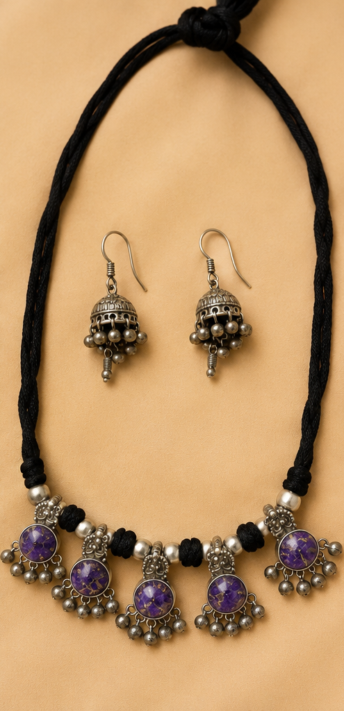 Abheri | Silver Replica Purple Stone Statement Necklace Set