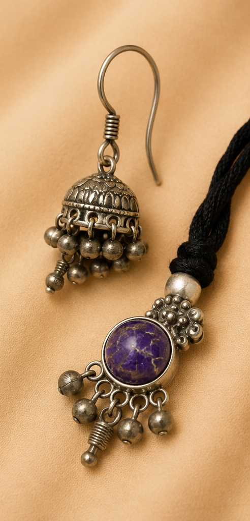 Abheri | Silver Replica Purple Stone Statement Necklace Set