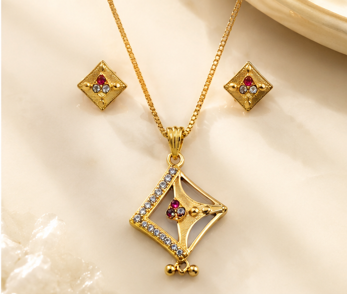 Gold-Plated Geometric Pendant & Stud Earrings Set
