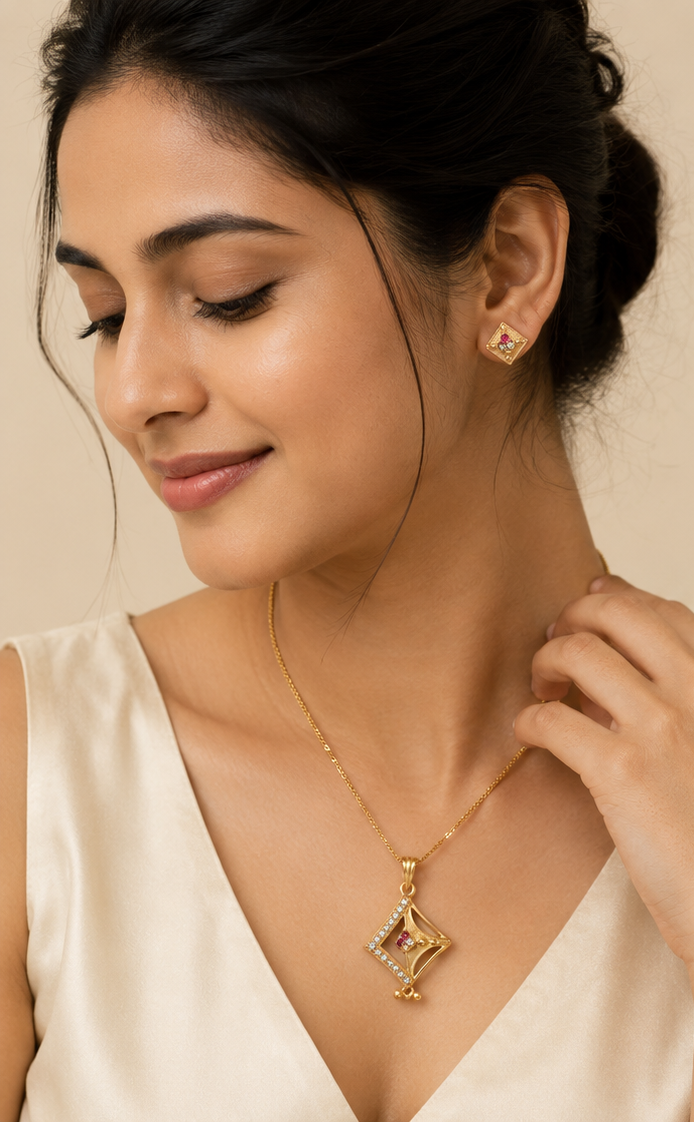 Gold-Plated Geometric Pendant & Stud Earrings Set