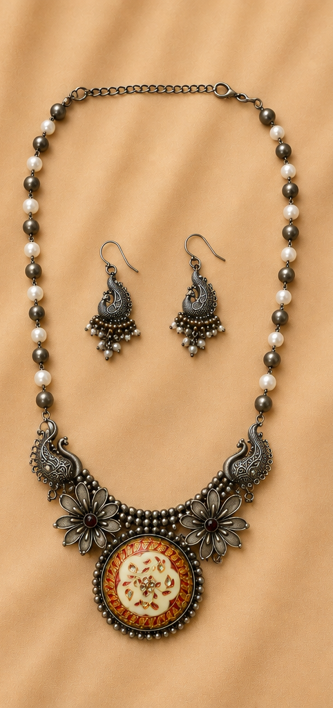 Chitralekha | Silver Replica Peacock Statement Necklace Set with original pearls