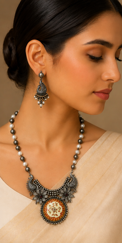Chitralekha | Silver Replica Peacock Statement Necklace Set with original pearls