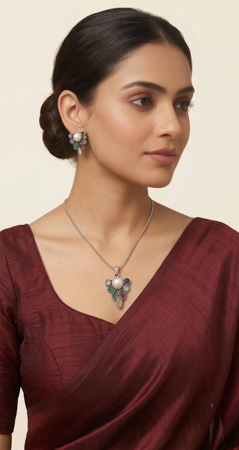 Rongtuli | Multicolour Pearl Silver Replica Pendant Set