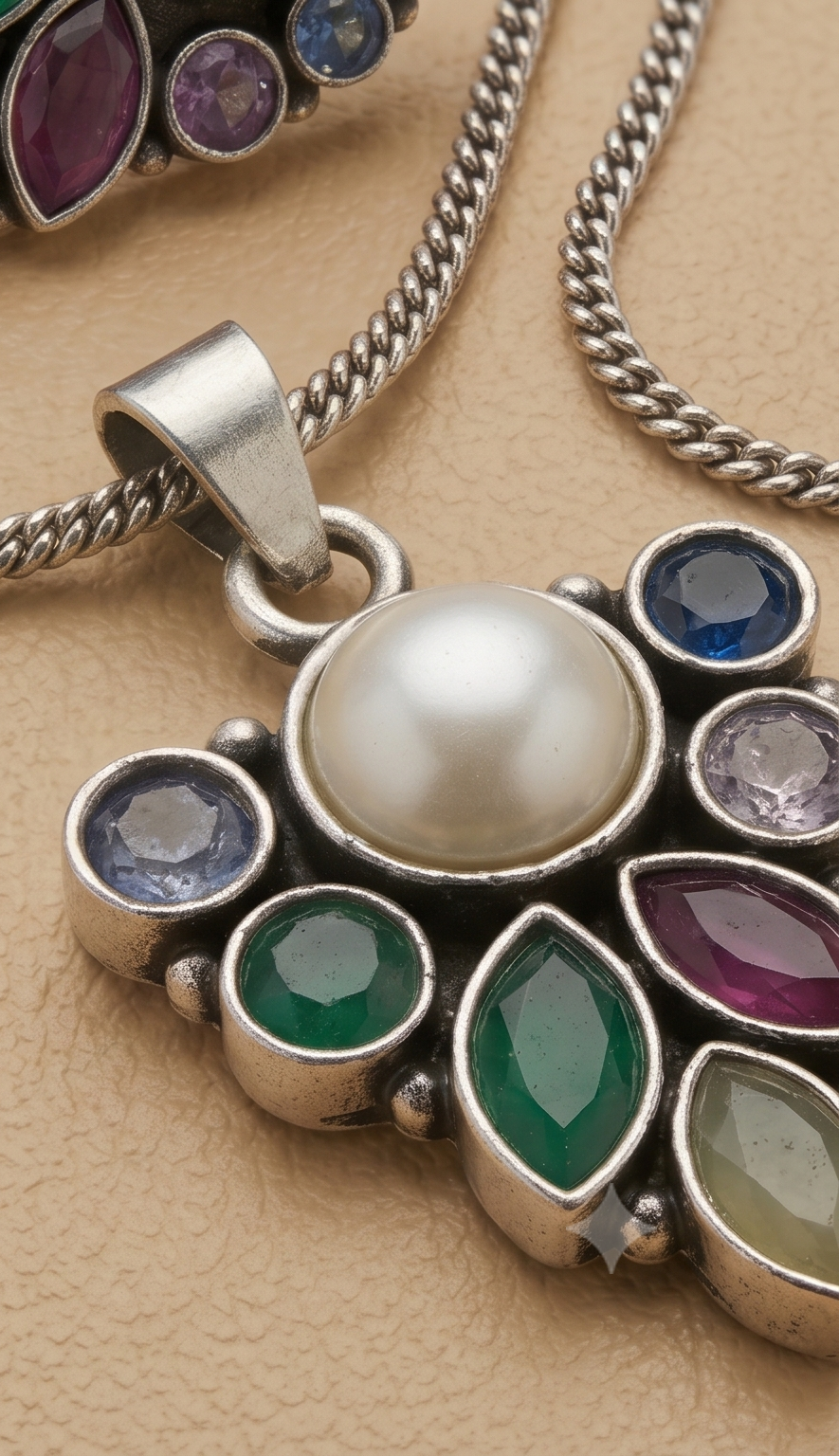 Rongtuli | Multicolour Pearl Silver Replica Pendant Set