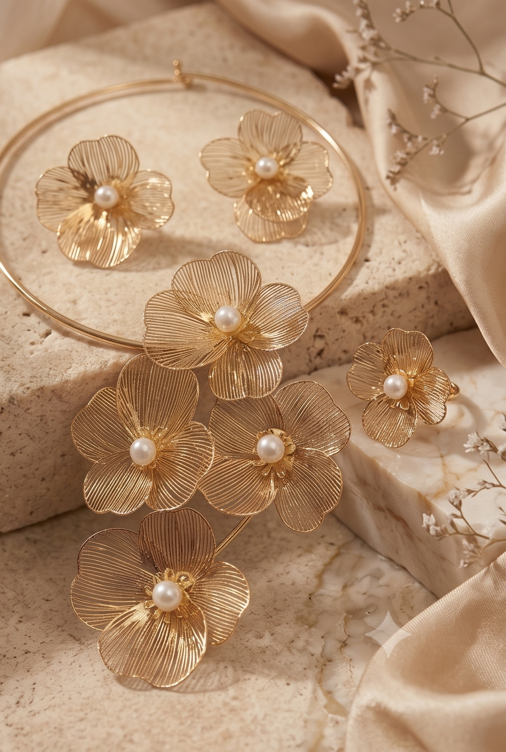 The Blooming Petal Statement Set | Anti-Tarnish Gold Floral Jewellery Set