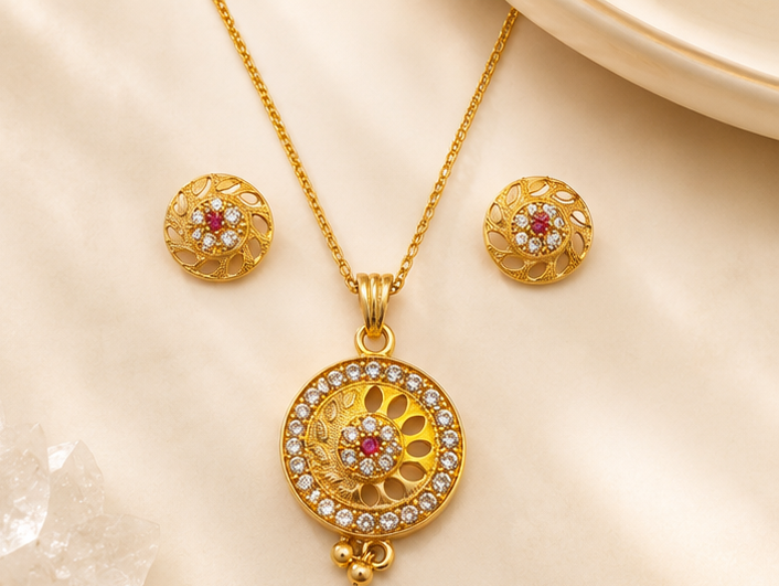 Gold-Plated Floral Circular Pendant & Earrings Set