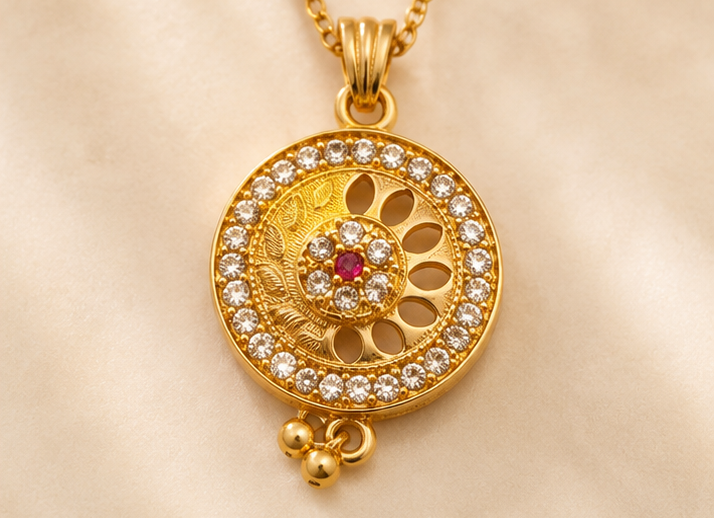 Gold-Plated Floral Circular Pendant & Earrings Set