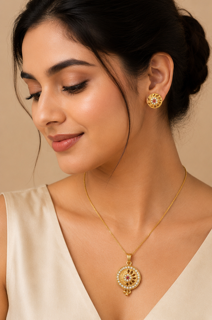 Gold-Plated Floral Circular Pendant & Earrings Set