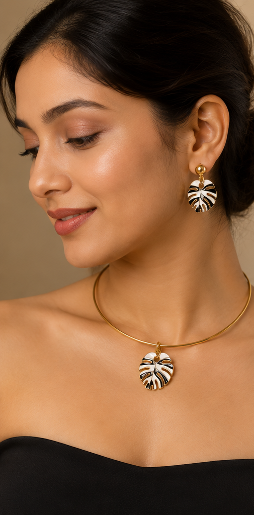 The Paradise Palm Set – Waterproof & Anti-TarnishEnamel Leaf Collar Set