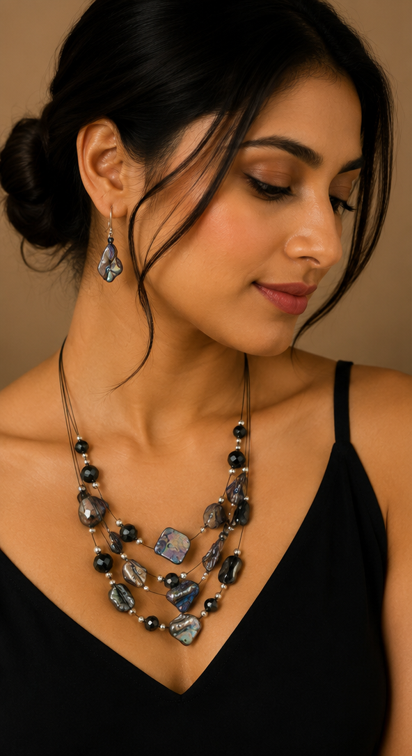 Multi-Strand Abalone Shell & Black Crystal Illusion Jewellery Set