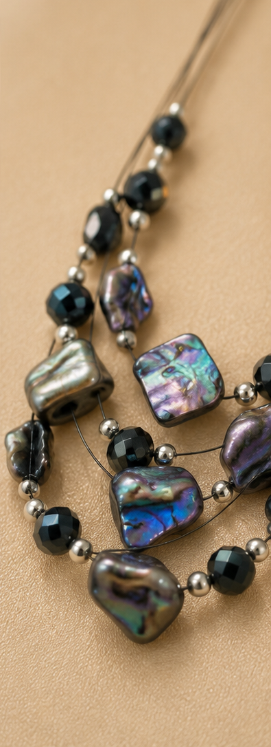 Multi-Strand Abalone Shell & Black Crystal Illusion Jewellery Set