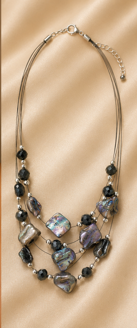 Multi-Strand Abalone Shell & Black Crystal Illusion Jewellery Set